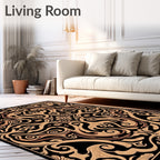 Intricate Black Gold Swirls Floral Design Rug