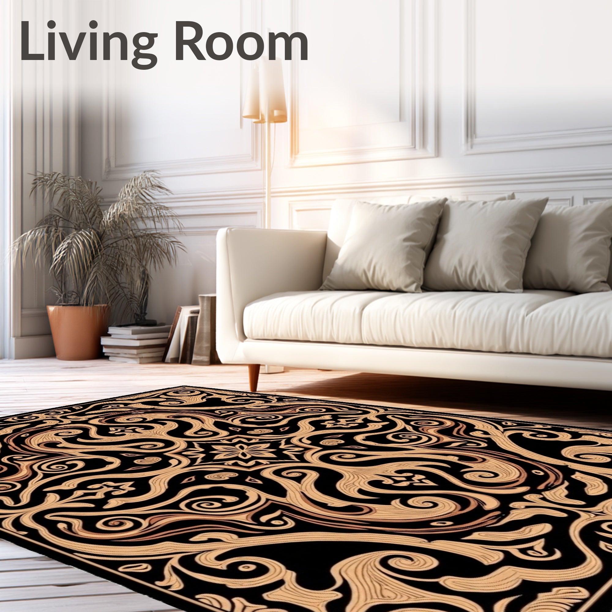 Intricate Black Gold Swirls Floral Design Rug