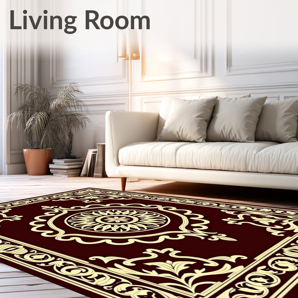 Rich Burgundy Gold Floral Symmetry Rug