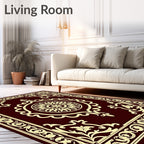 Rich Burgundy Gold Floral Symmetry Rug