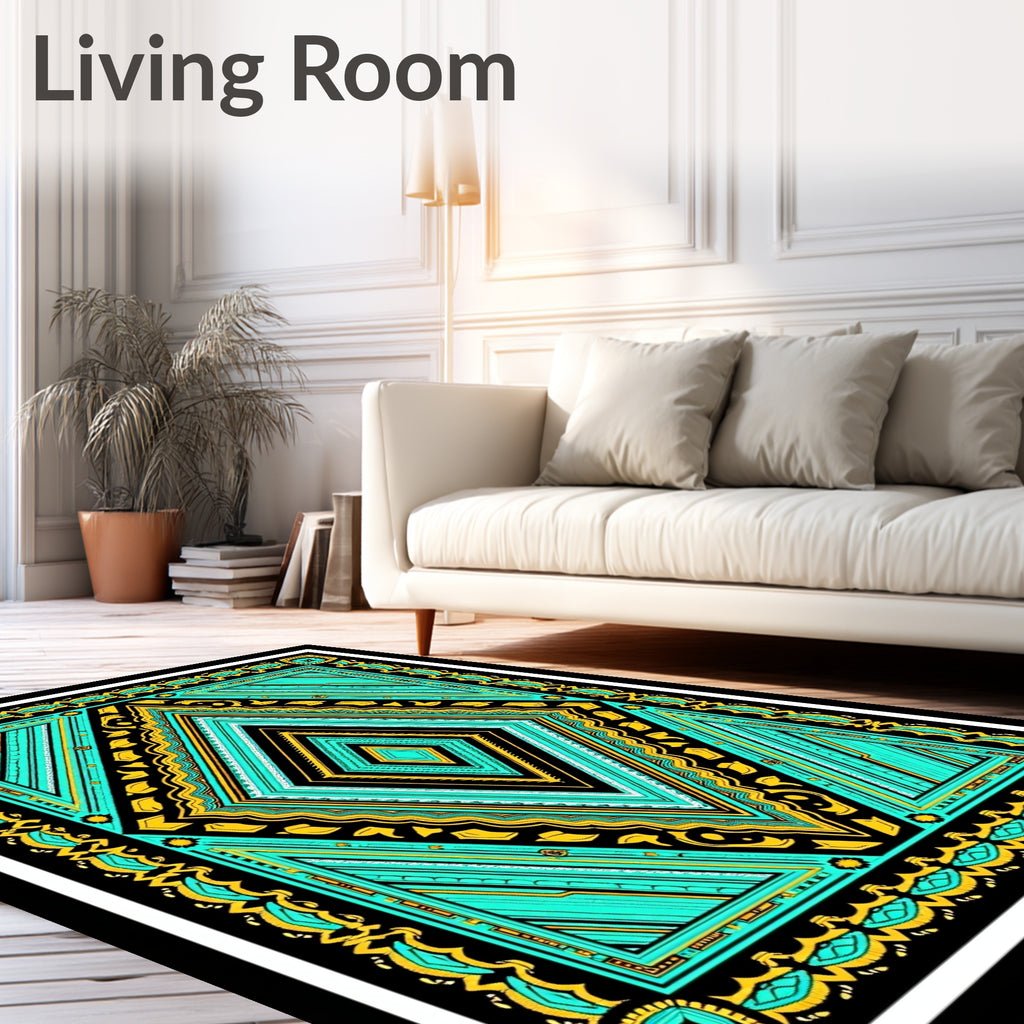 Luminous Teal Golden Diamond Geometric Rug