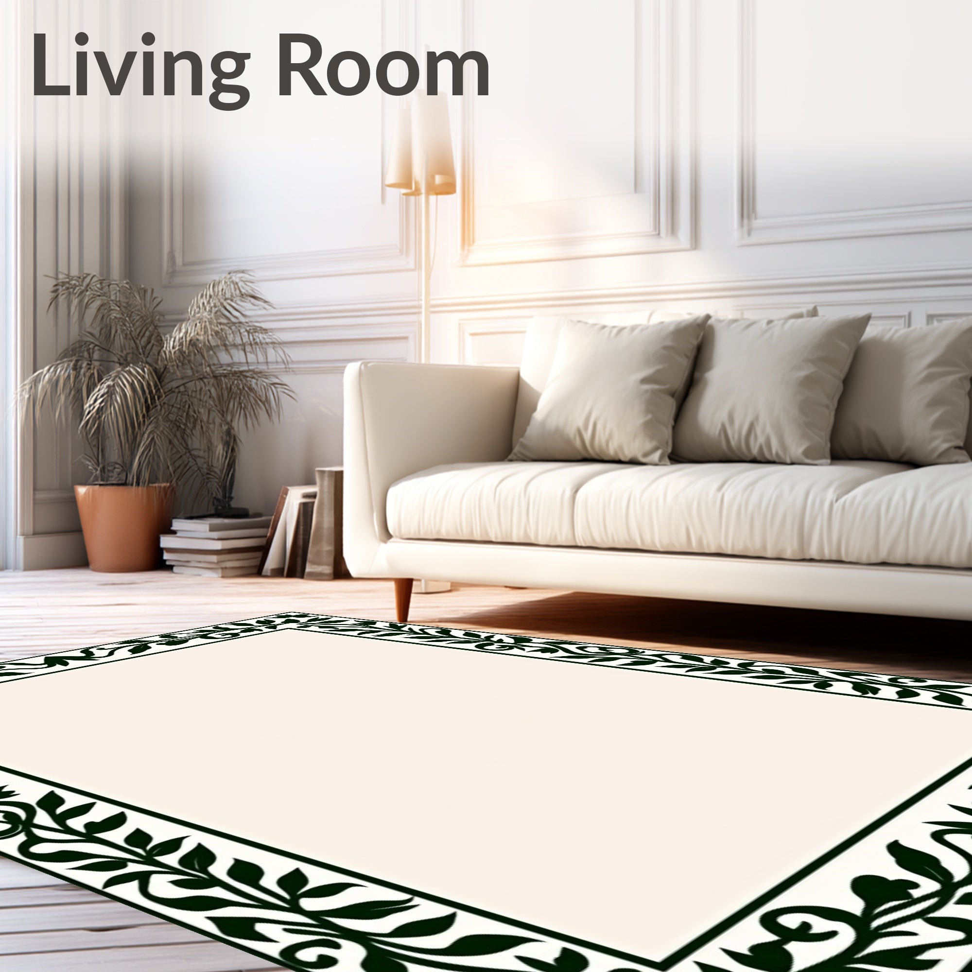 Elegant Green Leaf Scroll Border Rug