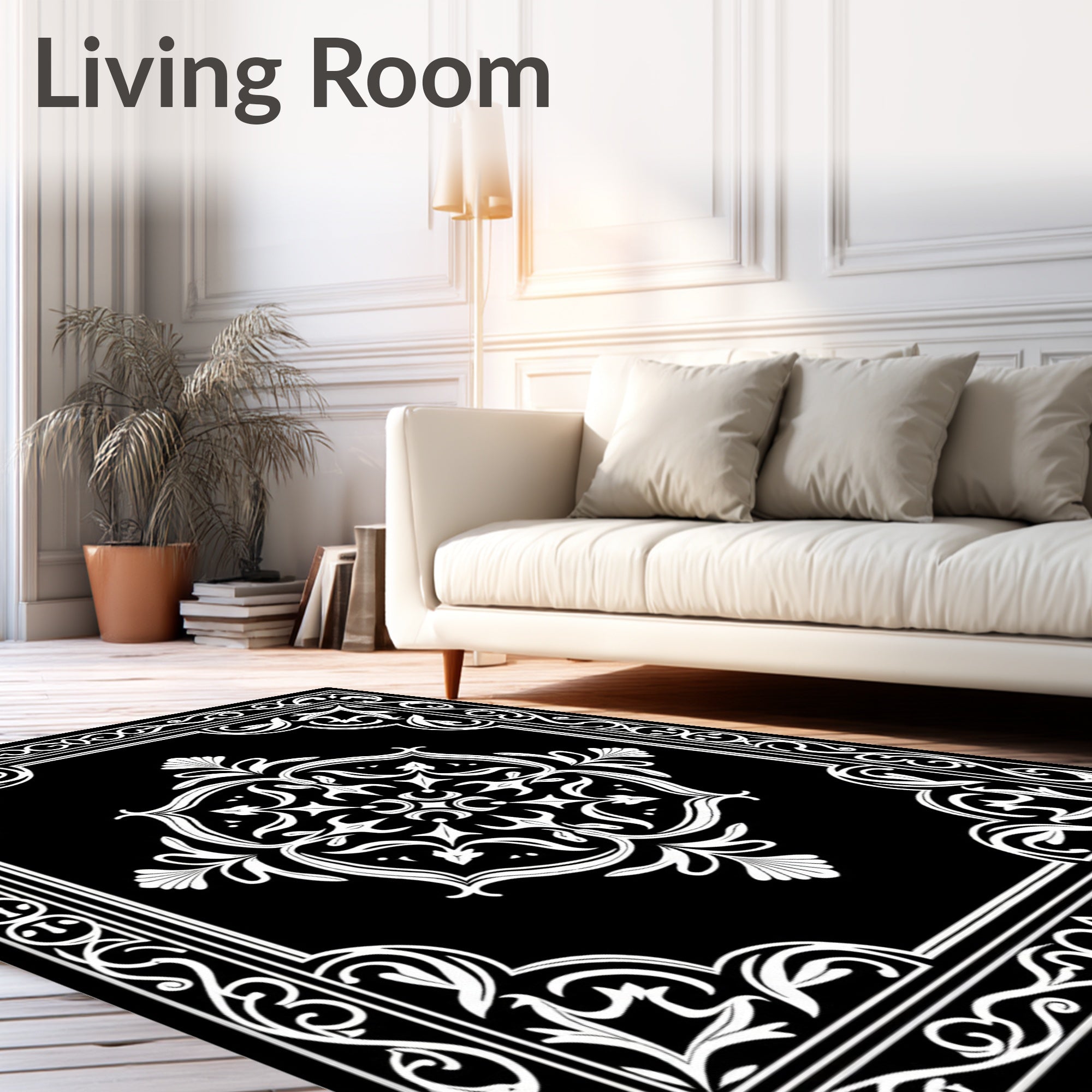 Ornate Black White Floral Pattern Rug