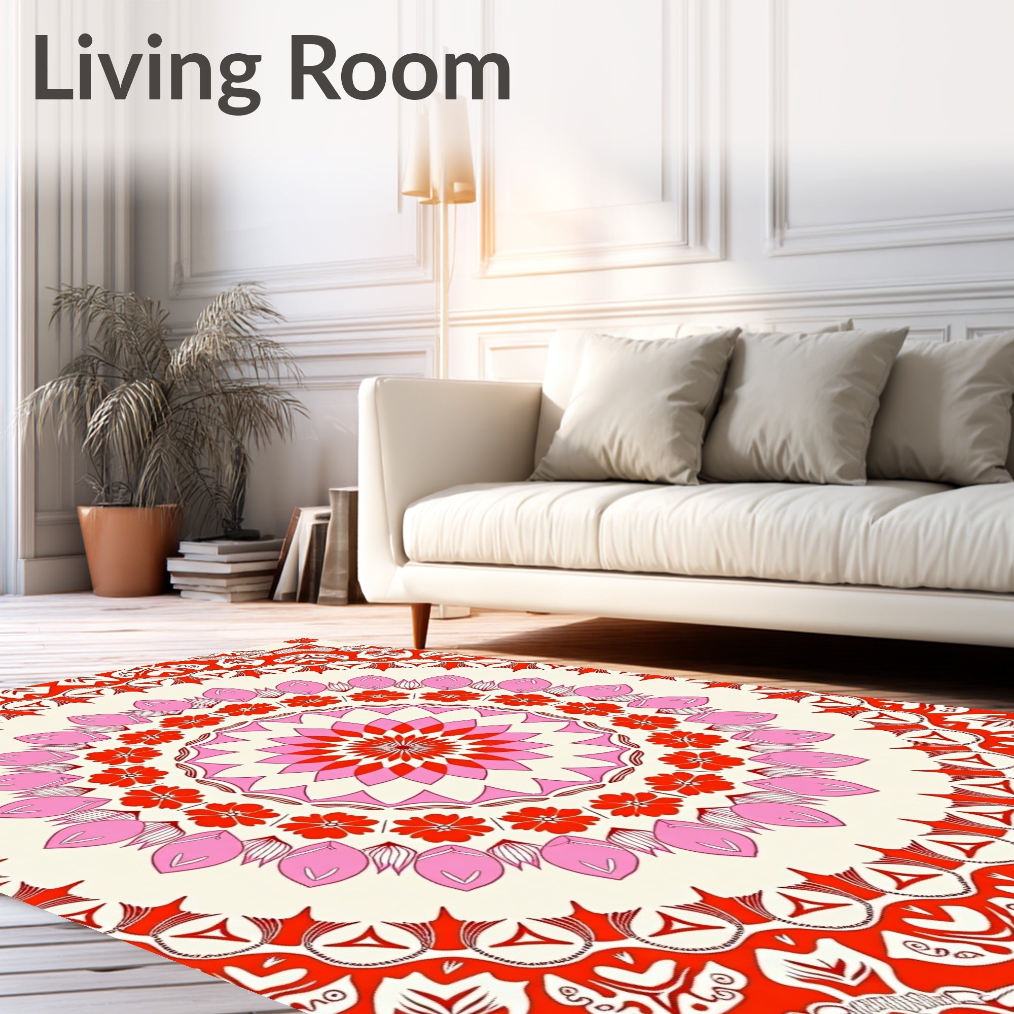 Vibrant Red Pink Floral Mandala Design Rug