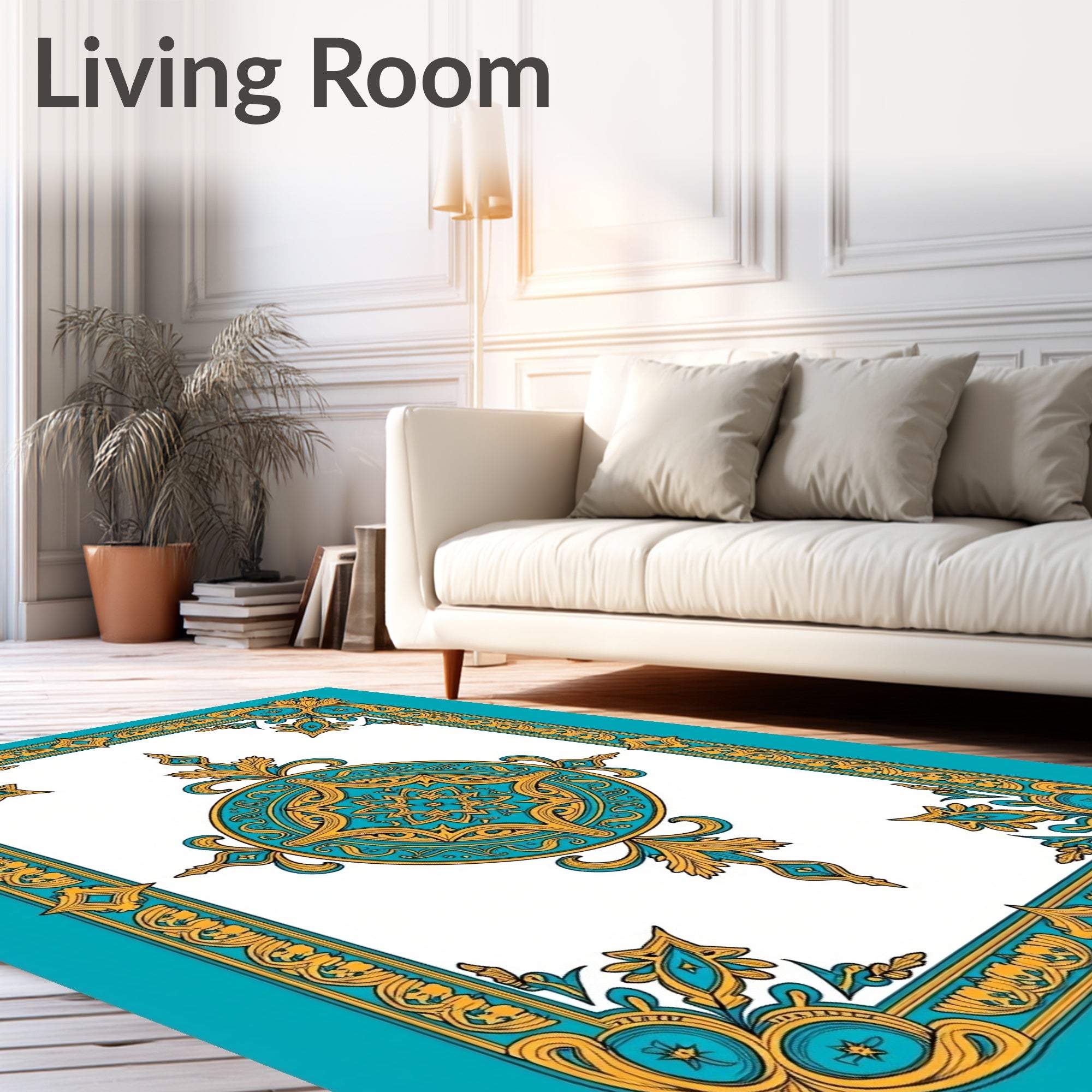 Ornate Teal and Gold Mandala Rug