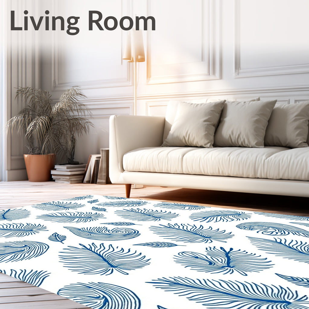Blue Line Art Feather Pattern Rug