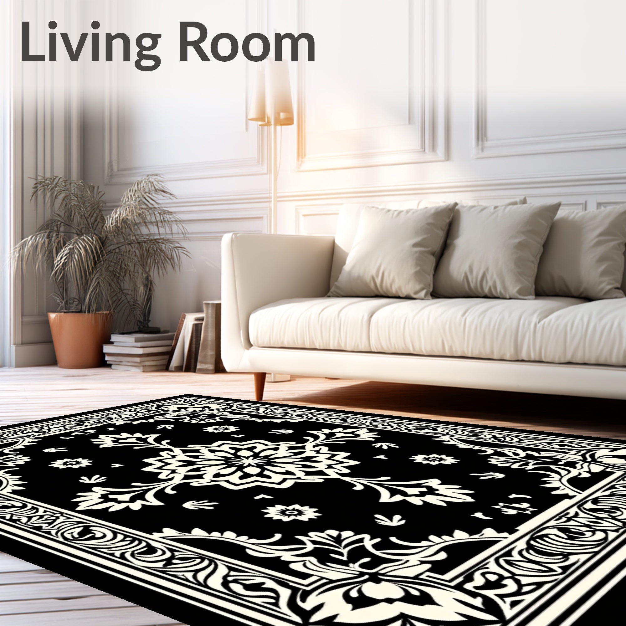 Classic Black Ivory Floral Mandala Rug