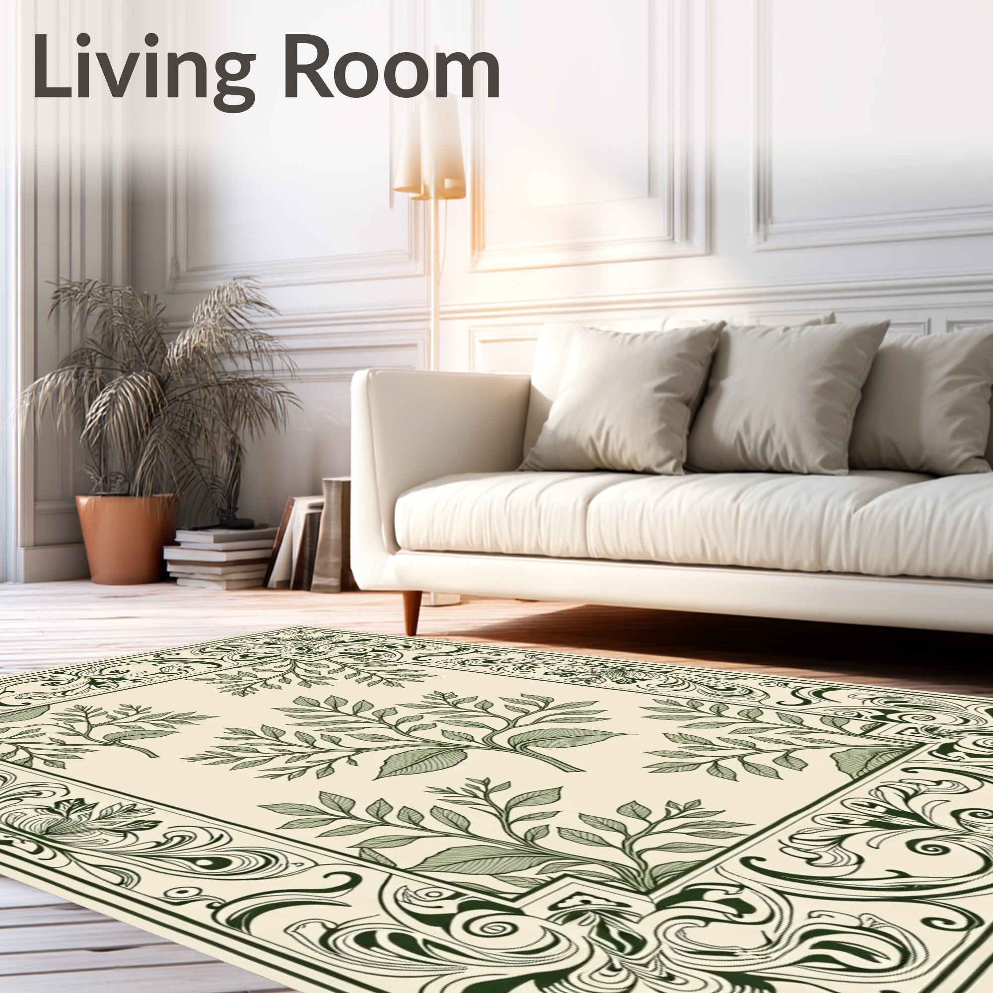 Ornate Green Leafy Vine Border Rug