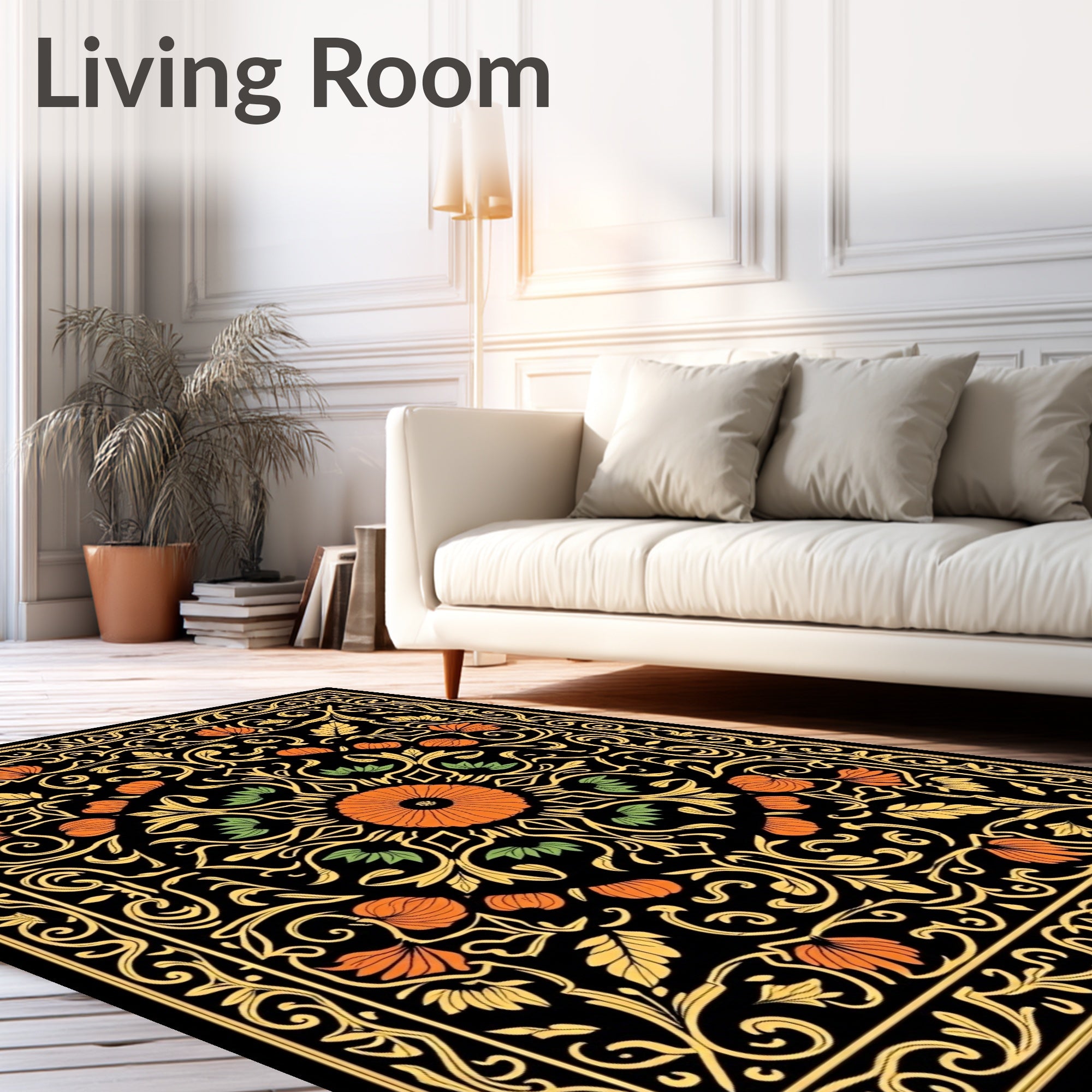 Ornate Floral Scrollwork Black Orange Rug