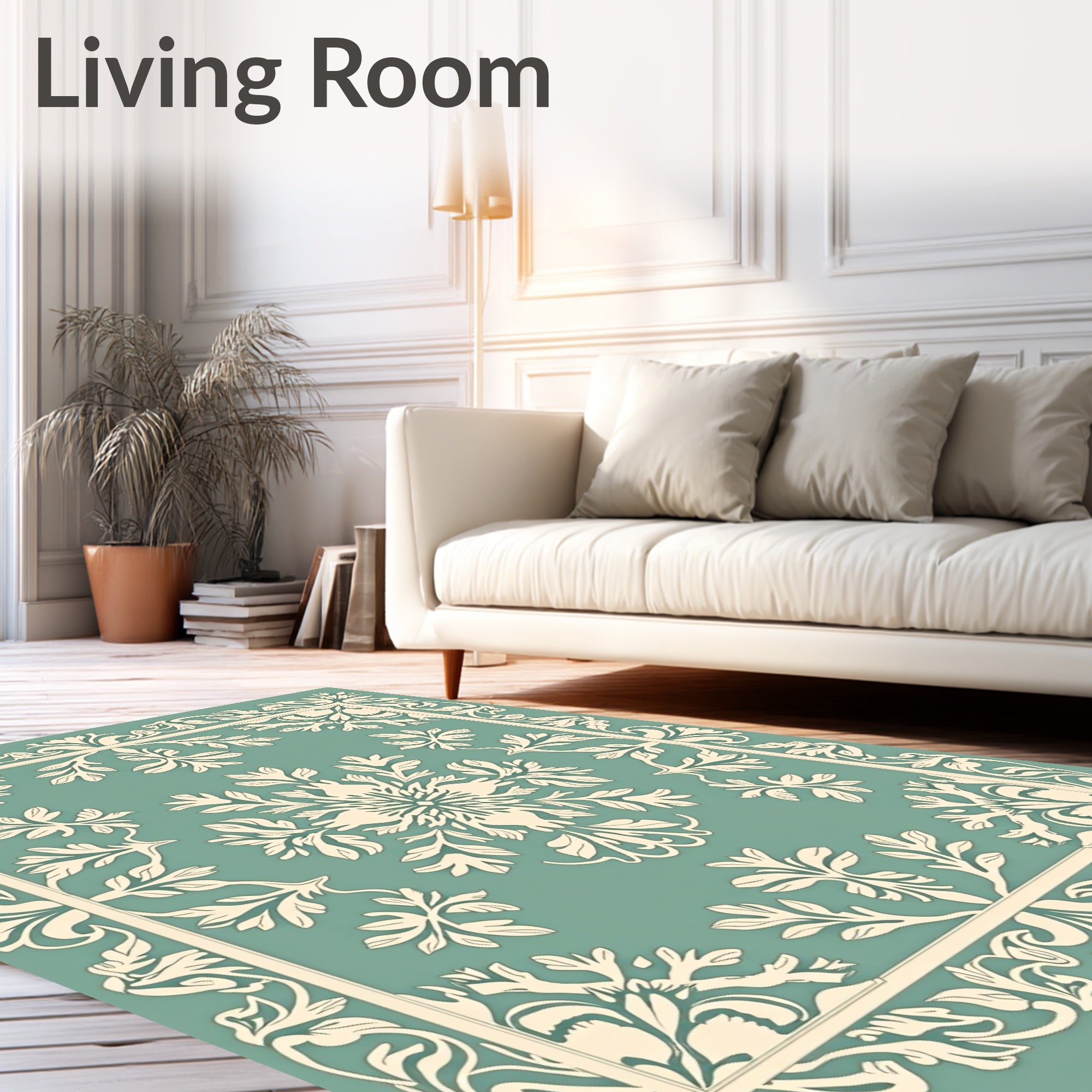 Elegant Teal Ivory Floral Border Rug