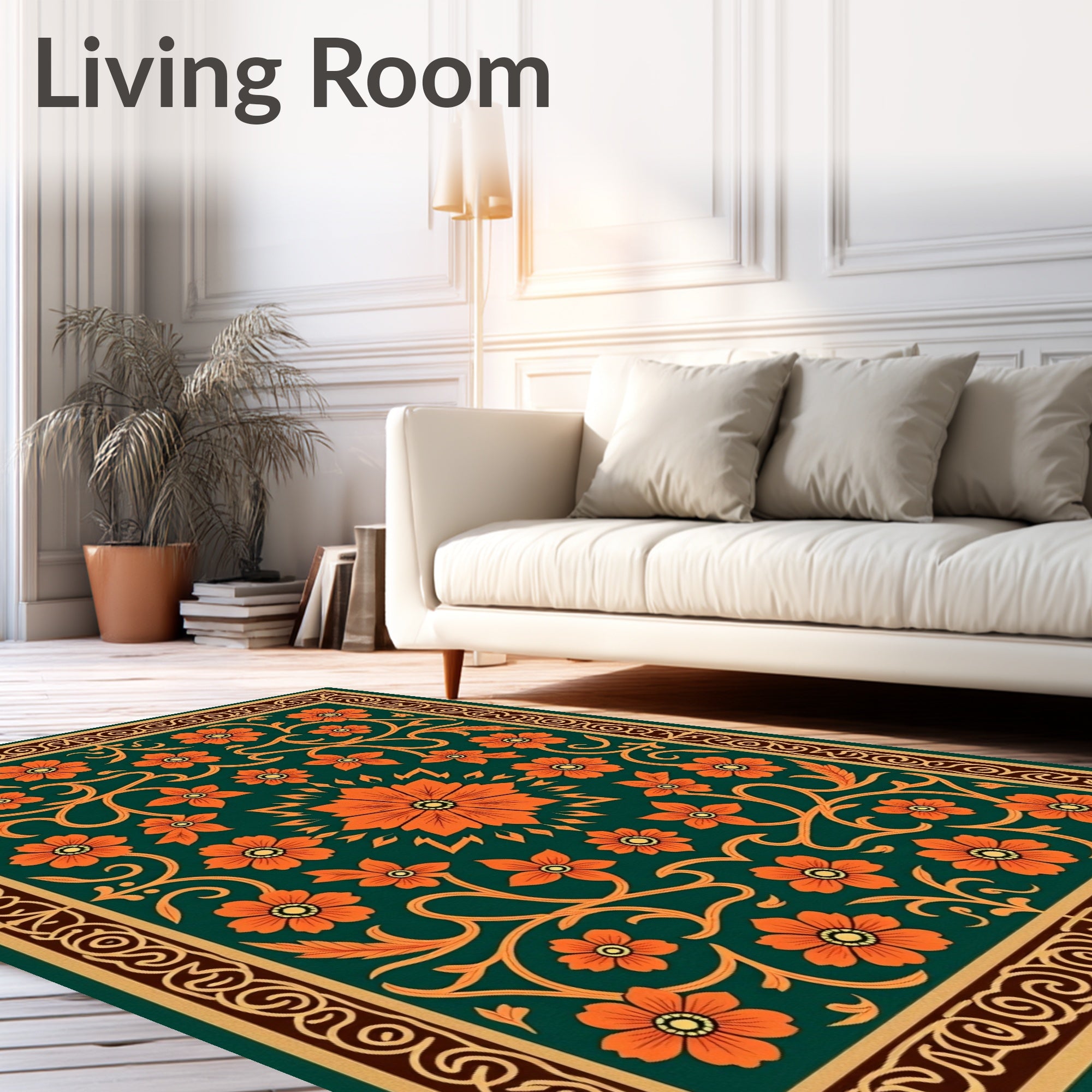 Ornate Orange Floral Vine Pattern Rug