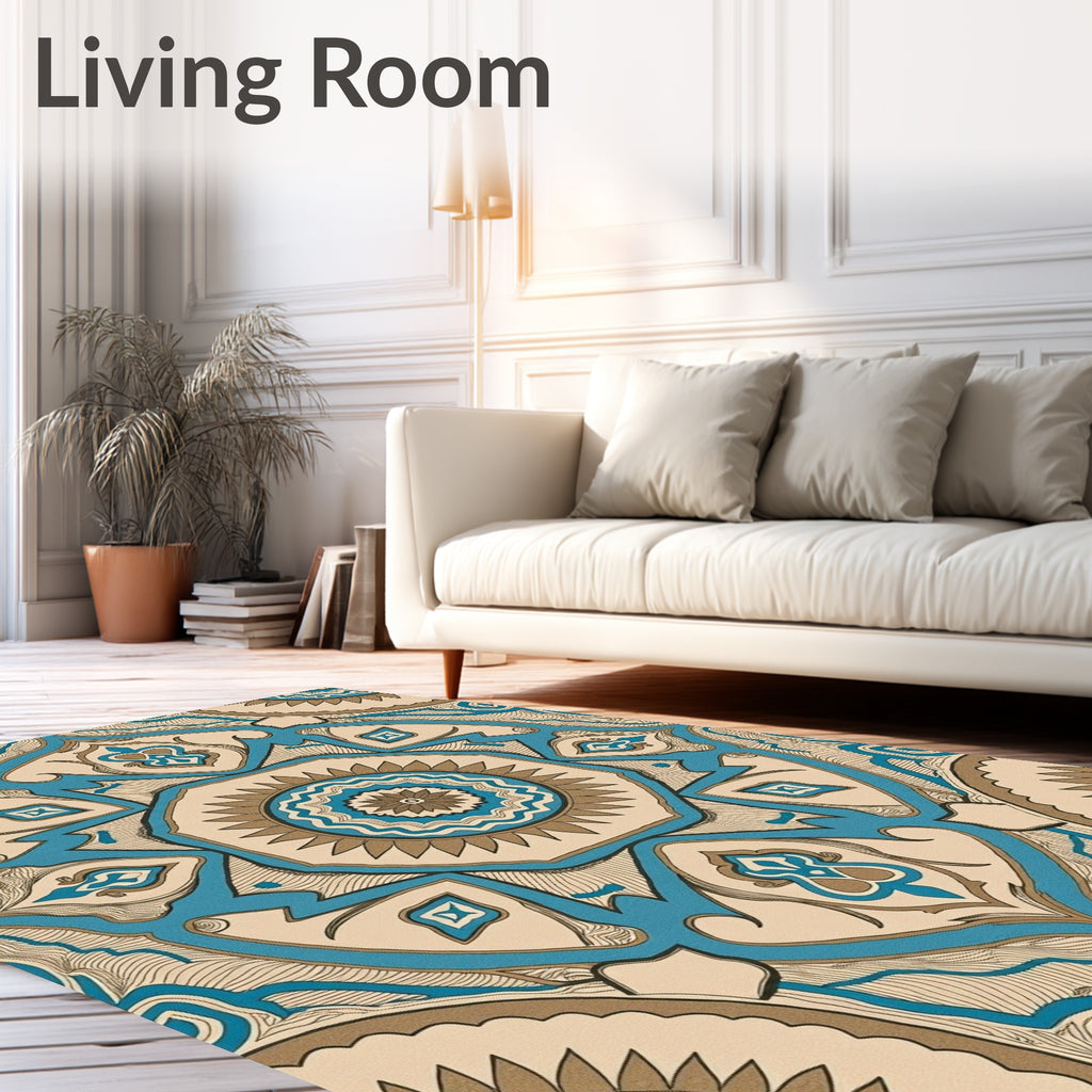 Intricate Medallion Teal Brown Pattern Rug