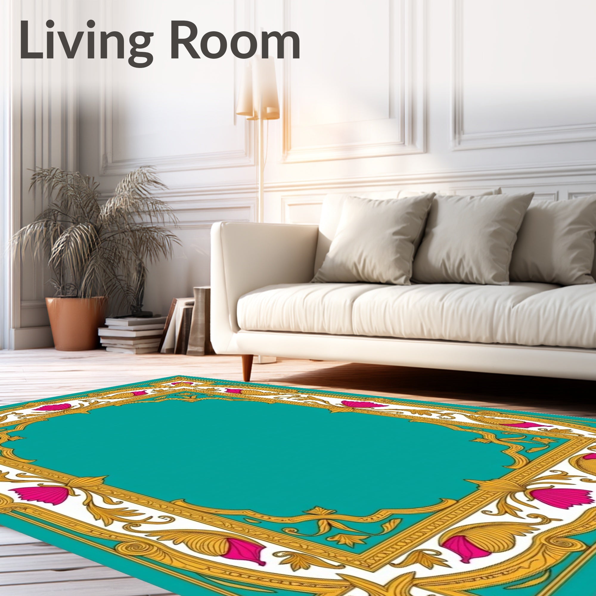 Ornate Floral Gold Teal Rug