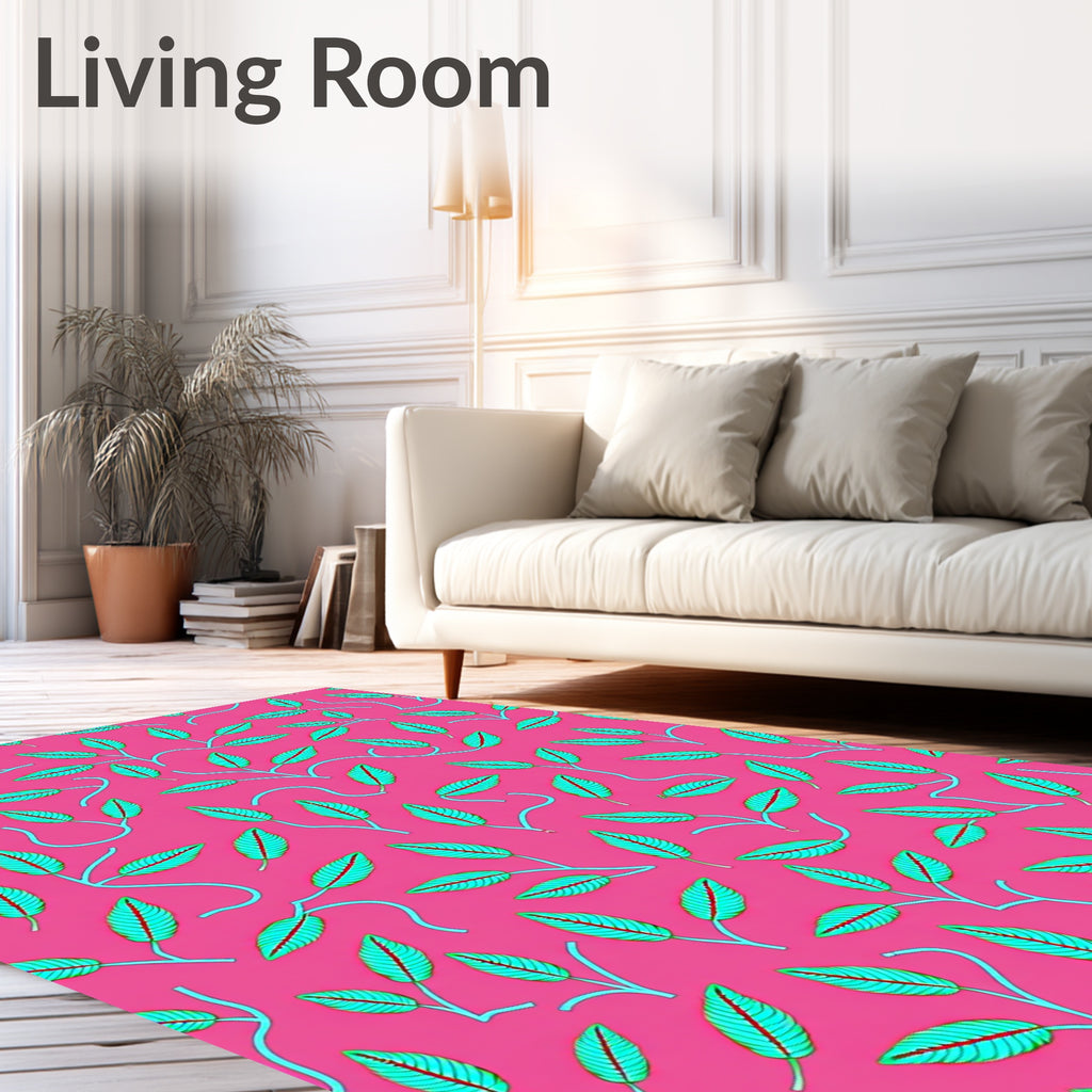 Vibrant Pink Teal Leaf Pattern Rug