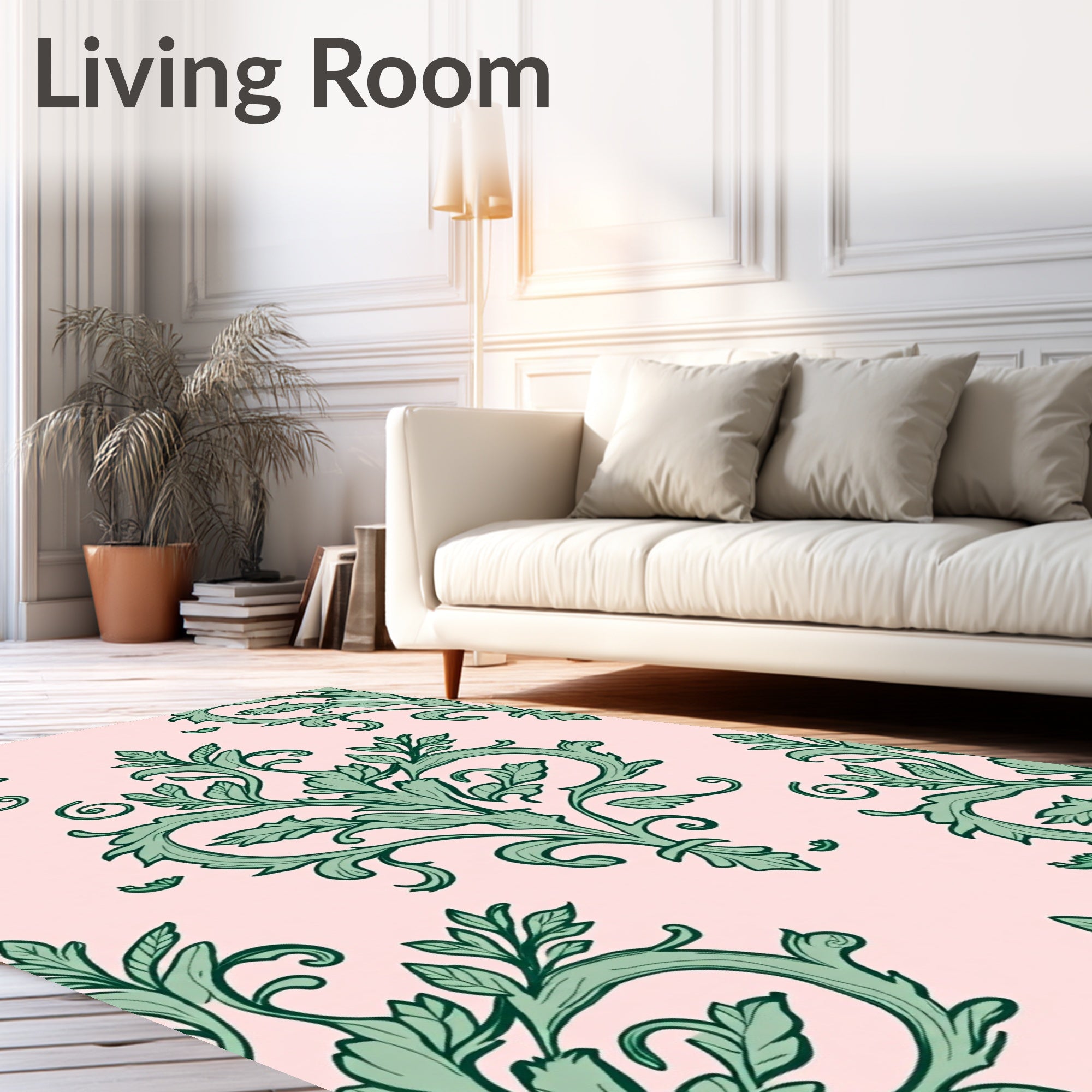 Green Floral Baroque Scroll Design Rug