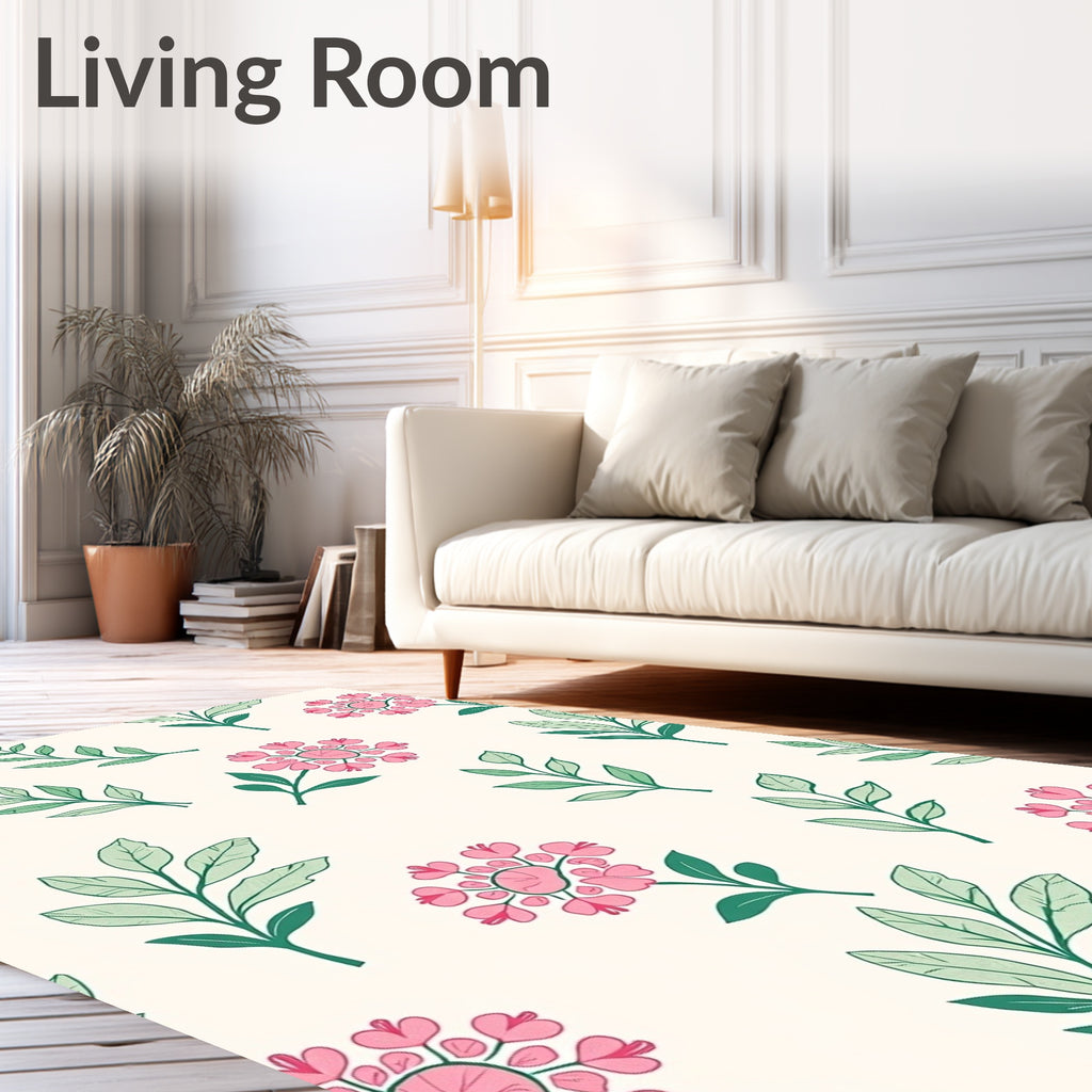 Delicate Pink Flower Leaf Pattern Rug