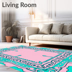 Ornate Pink Teal Floral Design Rug