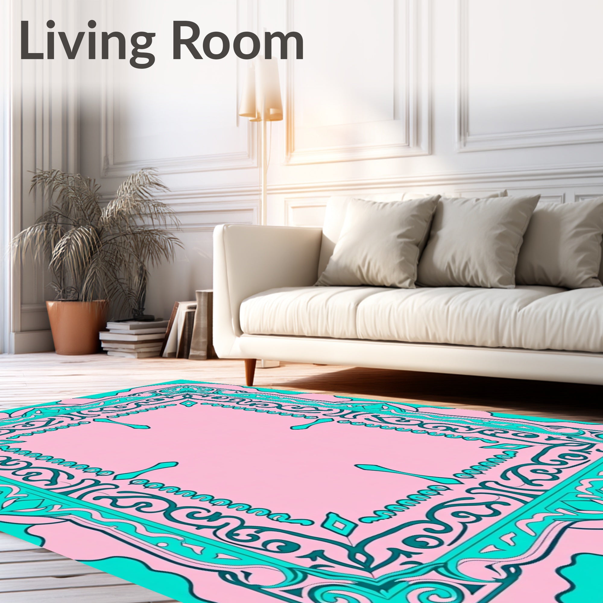 Ornate Pink Teal Floral Design Rug