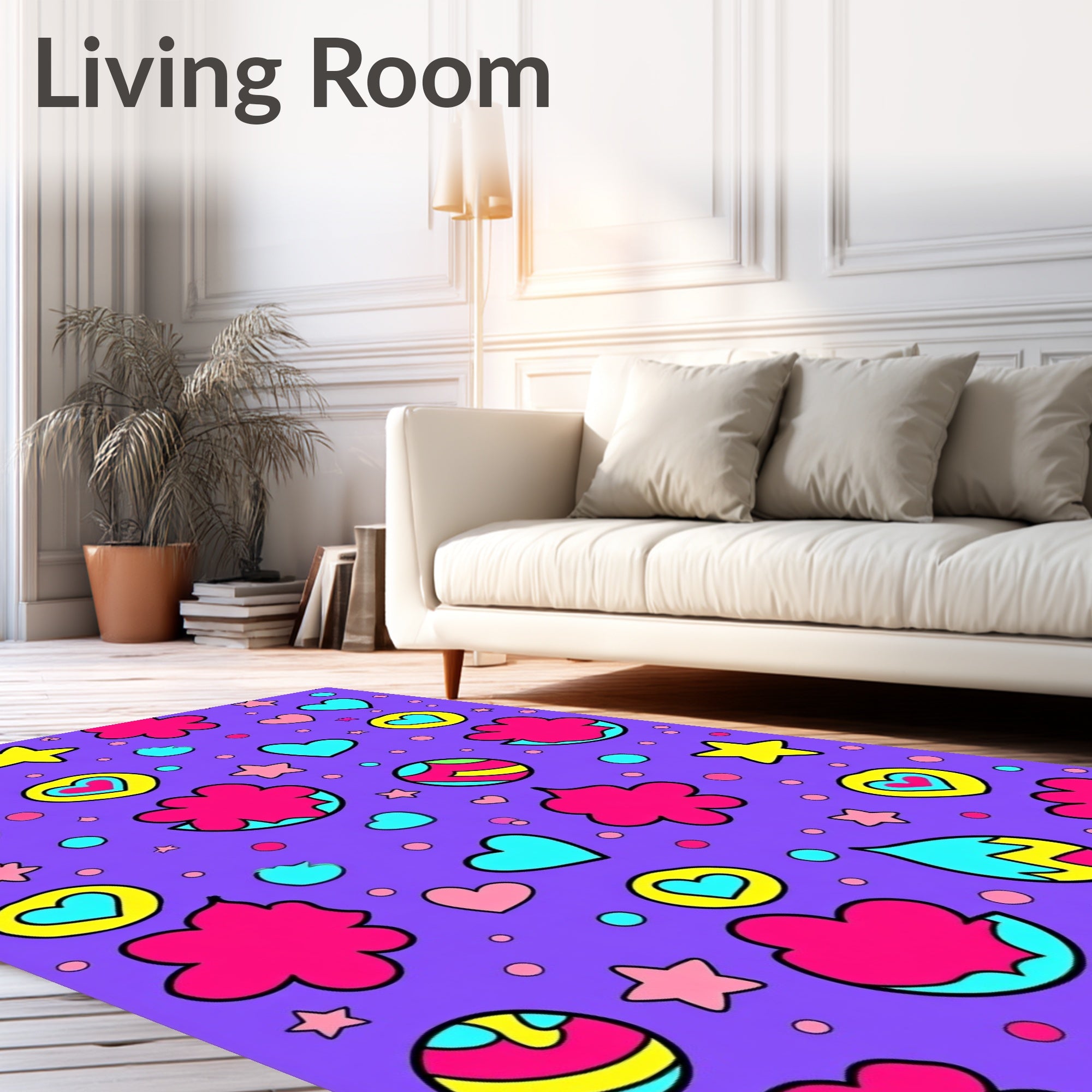 Vibrant Hearts Stars Shapes Pattern Rug