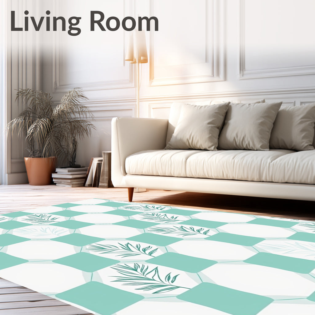Teal Leaf Geometric Grid Pattern Rug