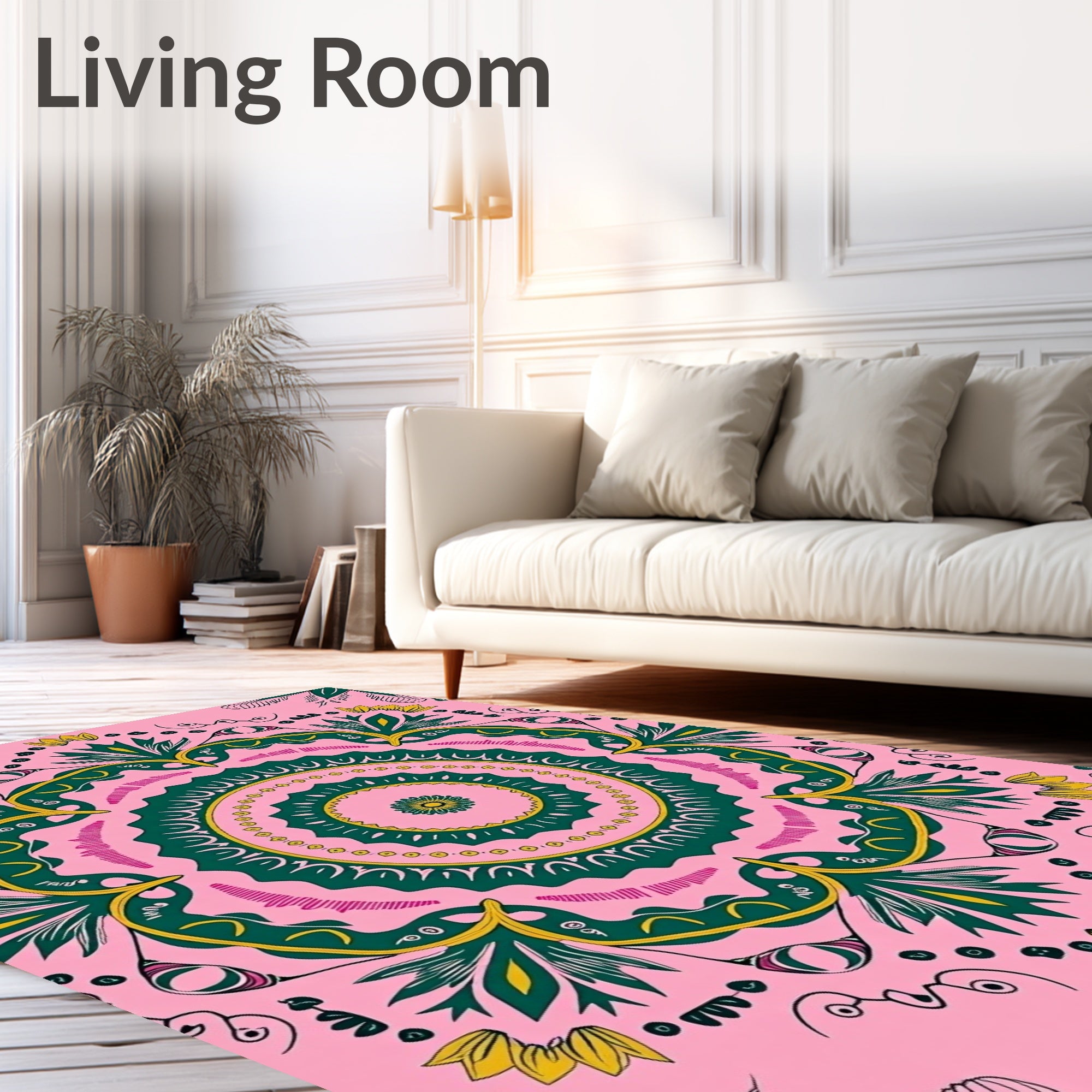 Floral Green Yellow Pink Mandala Design Rug
