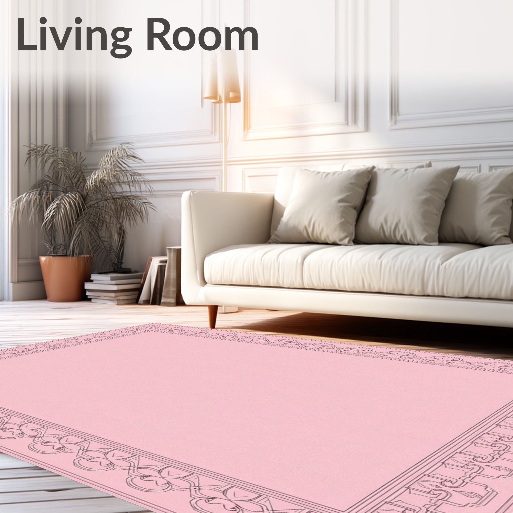 Pink Ornate Floral Border Design Rug