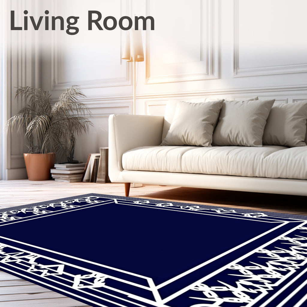 Navy White Ornate Geometric Frame Rug
