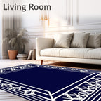 Navy White Ornate Geometric Frame Rug