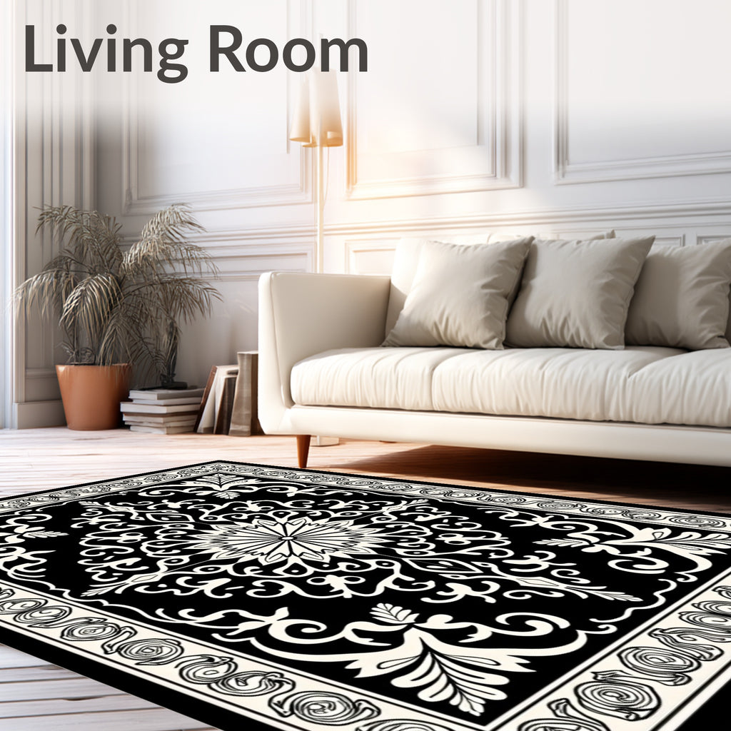 Classic Black White Floral Damask Rug