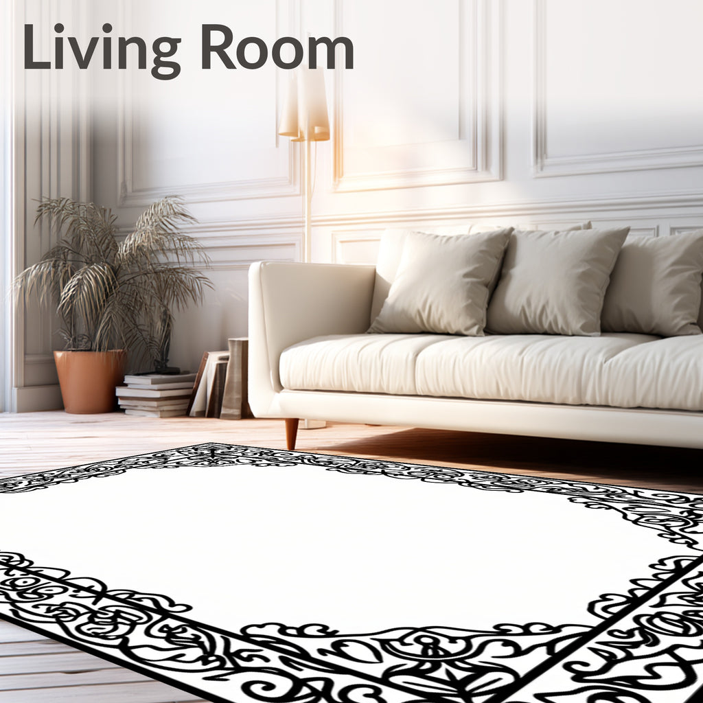 Ornate Black Swirl Border Design Rug