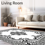Ornate Floral Scrollwork Black White Rug