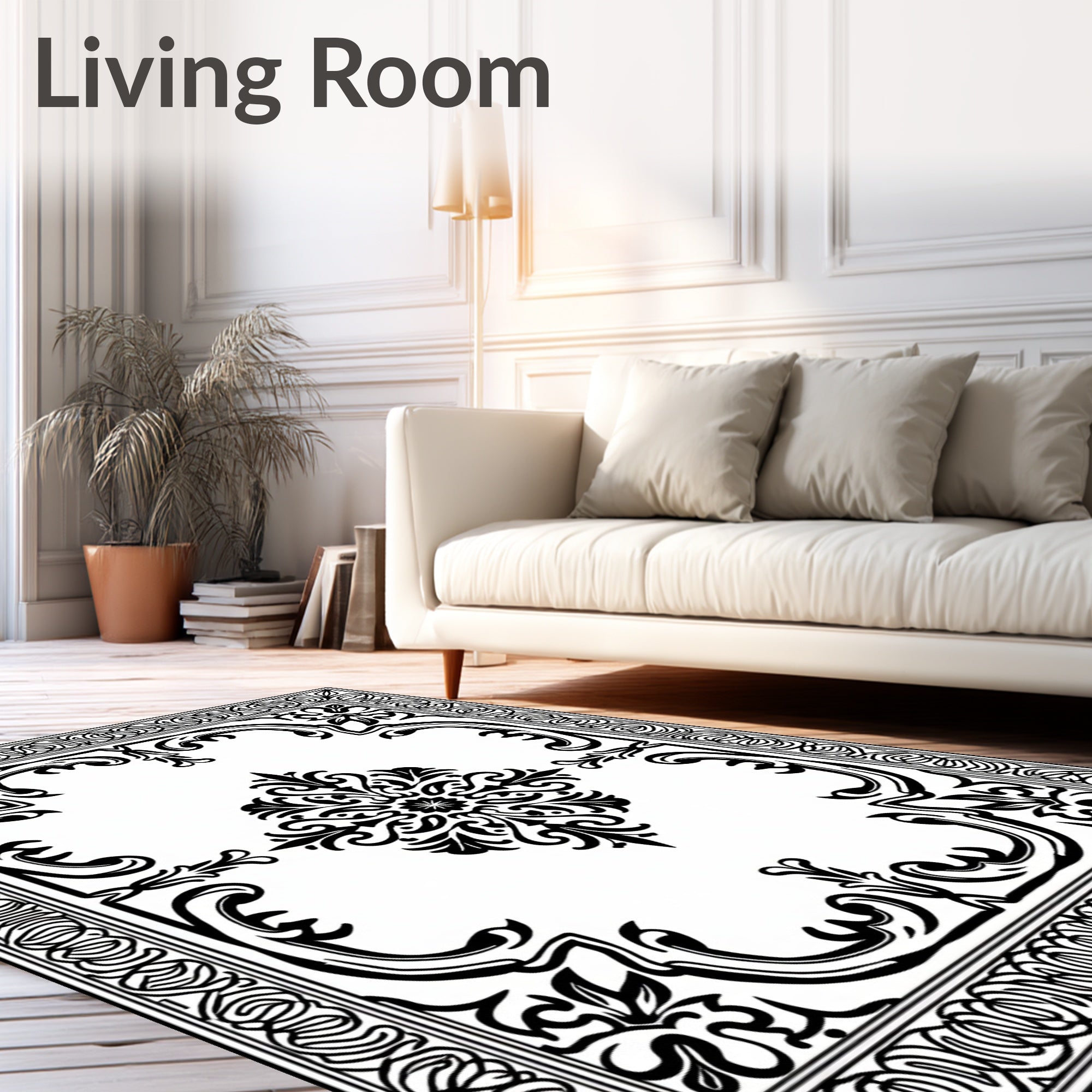 Ornate Floral Scrollwork Black White Rug