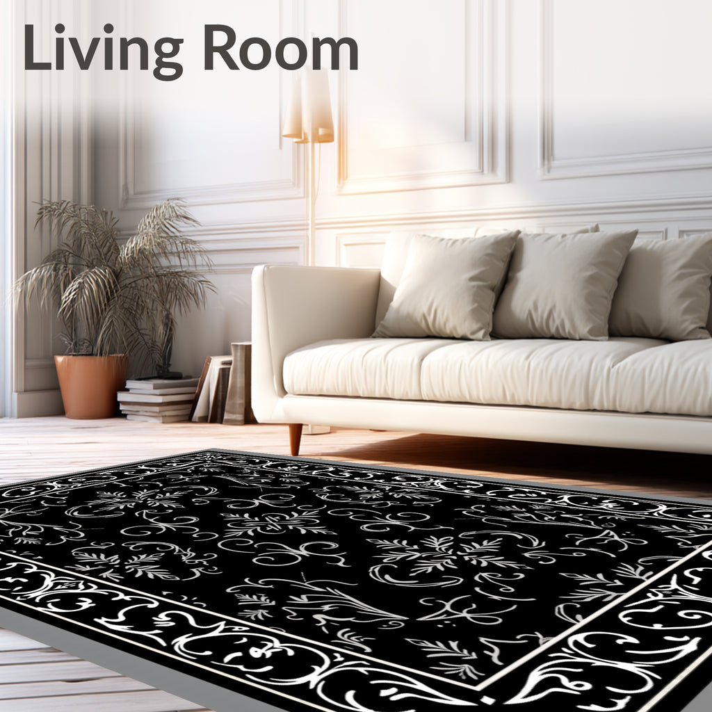 Black White Ornate Floral Pattern Rug
