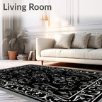 Black White Ornate Floral Pattern Rug