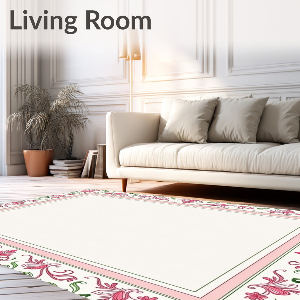 Pink Green Floral Swirl Border Rug