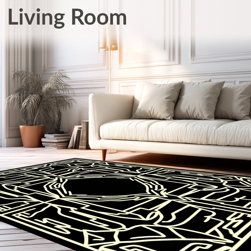 Black and Beige Geometric Outline Pattern Rug