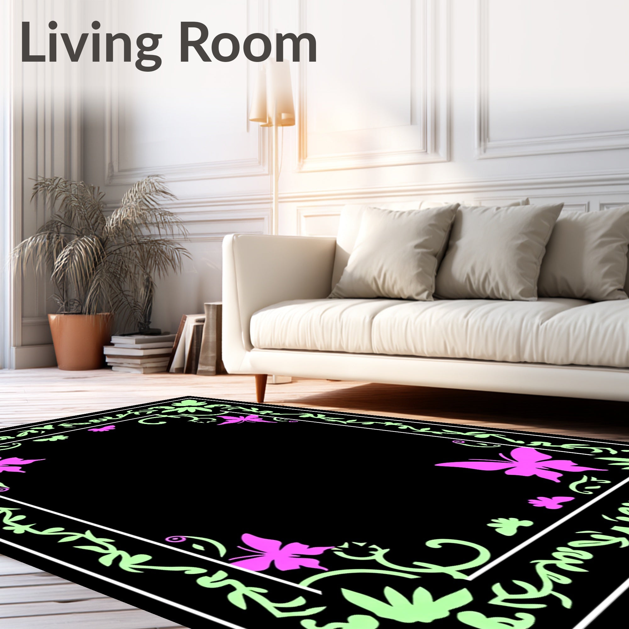 Pink Butterfly Vine Border Pattern Rug
