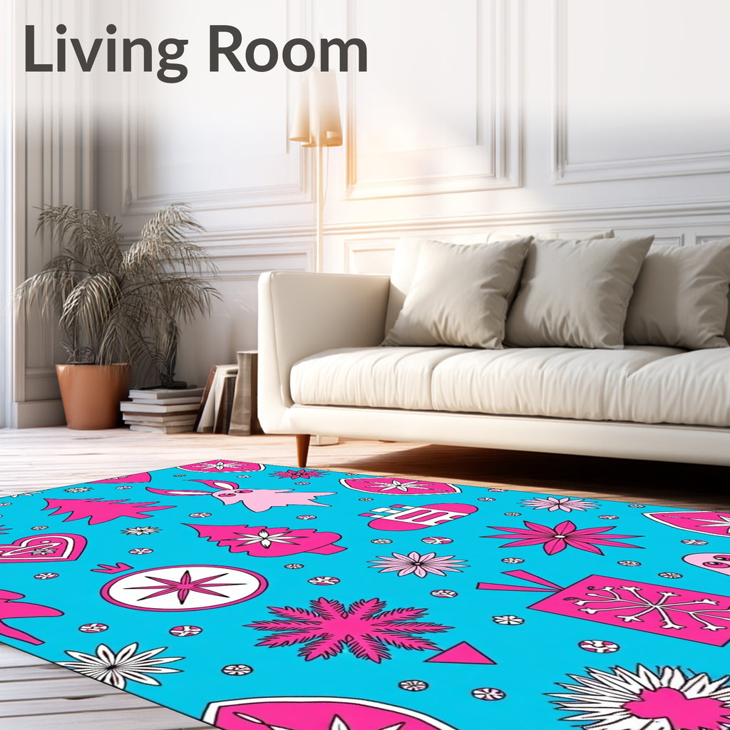 Bright Pink Festive Christmas Elements on Blue Rug