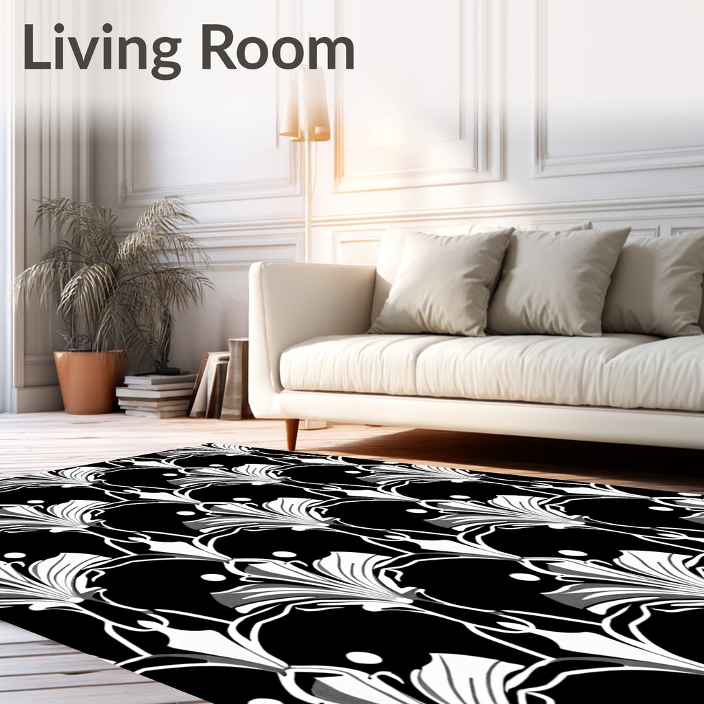 Classic Black White Floral Print Rug
