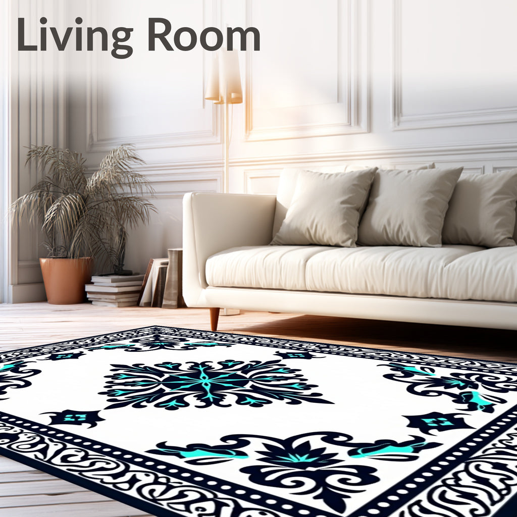 Ornate Teal and Black Floral Pattern Rug