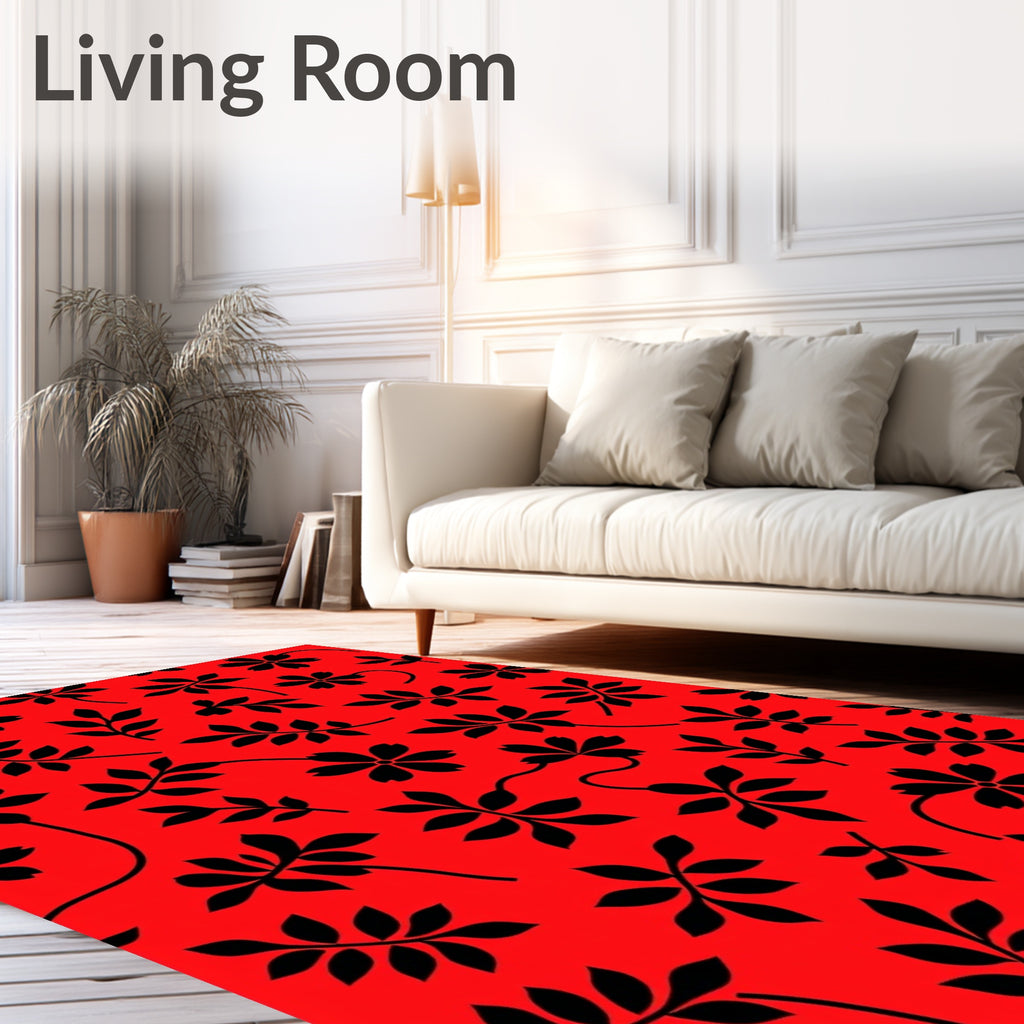 Bold Red Black Floral Branch Pattern Rug