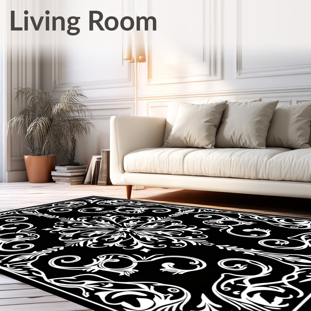 Intricate Black White Floral Scroll Pattern Rug