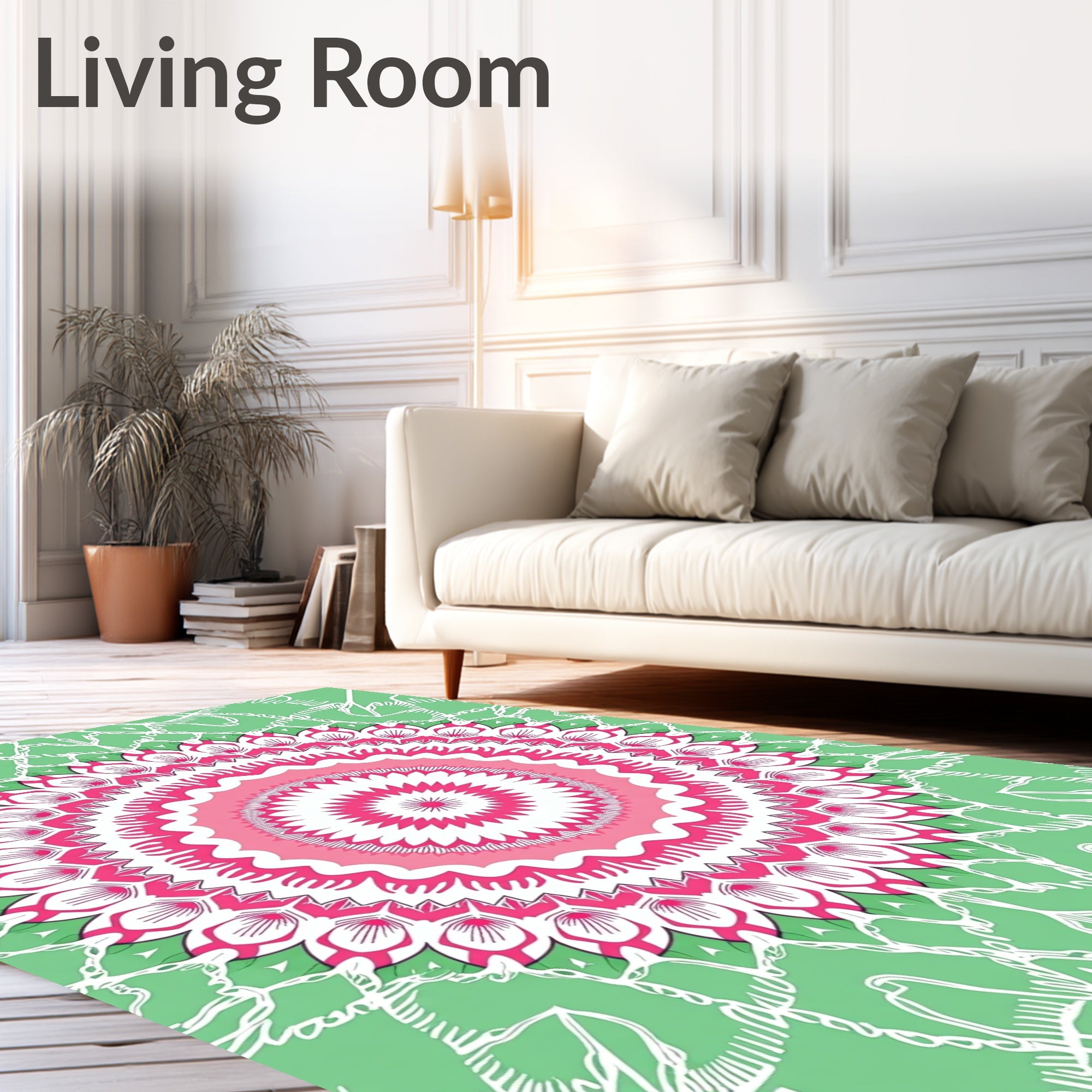 Symmetric Pink Green Floral Mandala Design Rug