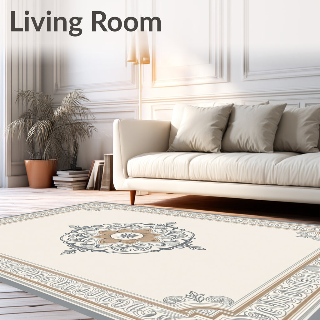 Ornate Mandala With Geometric Border Design Rug
