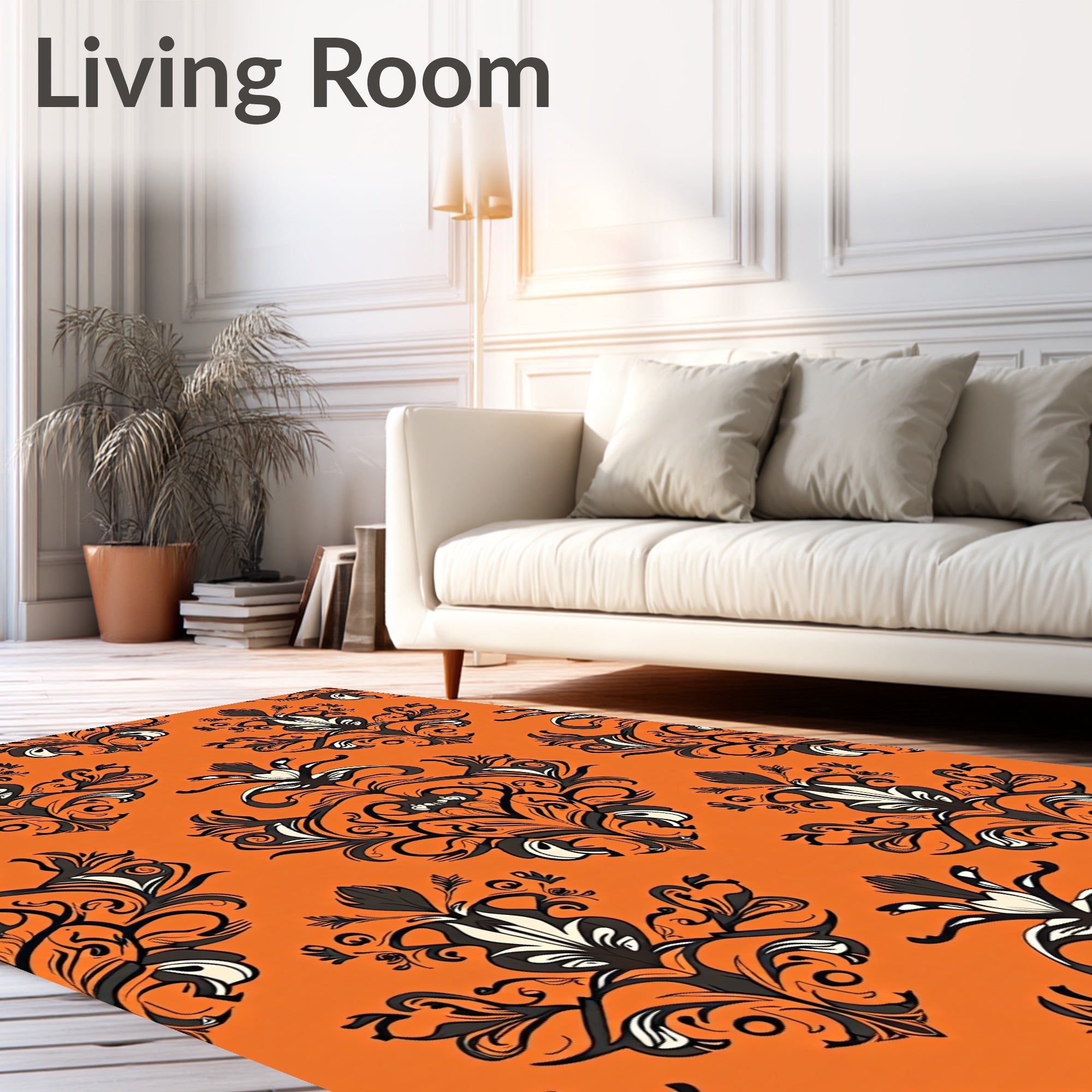 Ornate Black White Damask Pattern Rug