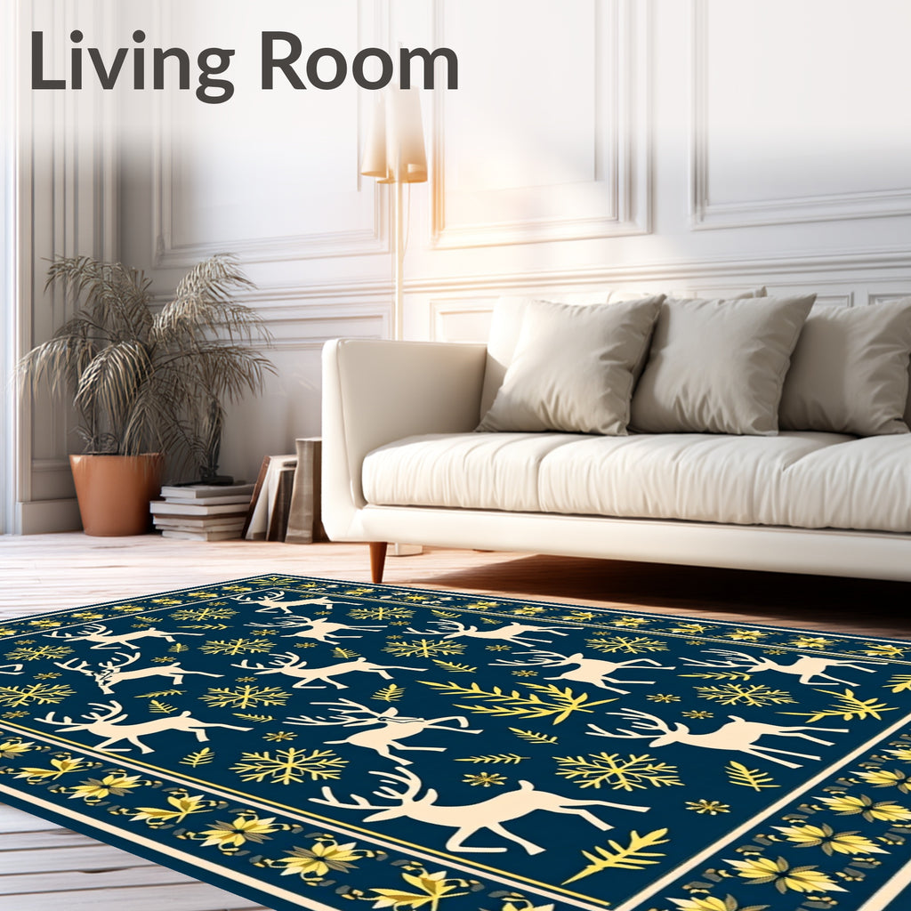Deep Blue Reindeer Snowflake Border Rug