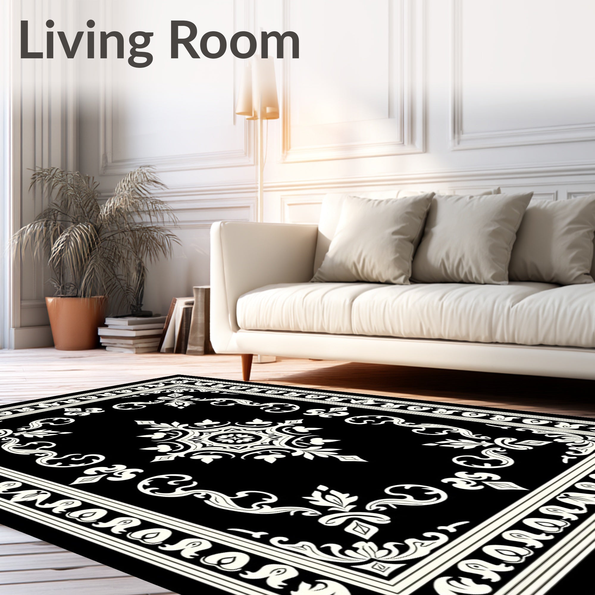 Classic Black White Scroll Pattern Rug