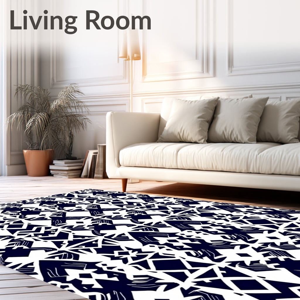 Dark Navy White Abstract Geometric Design Rug