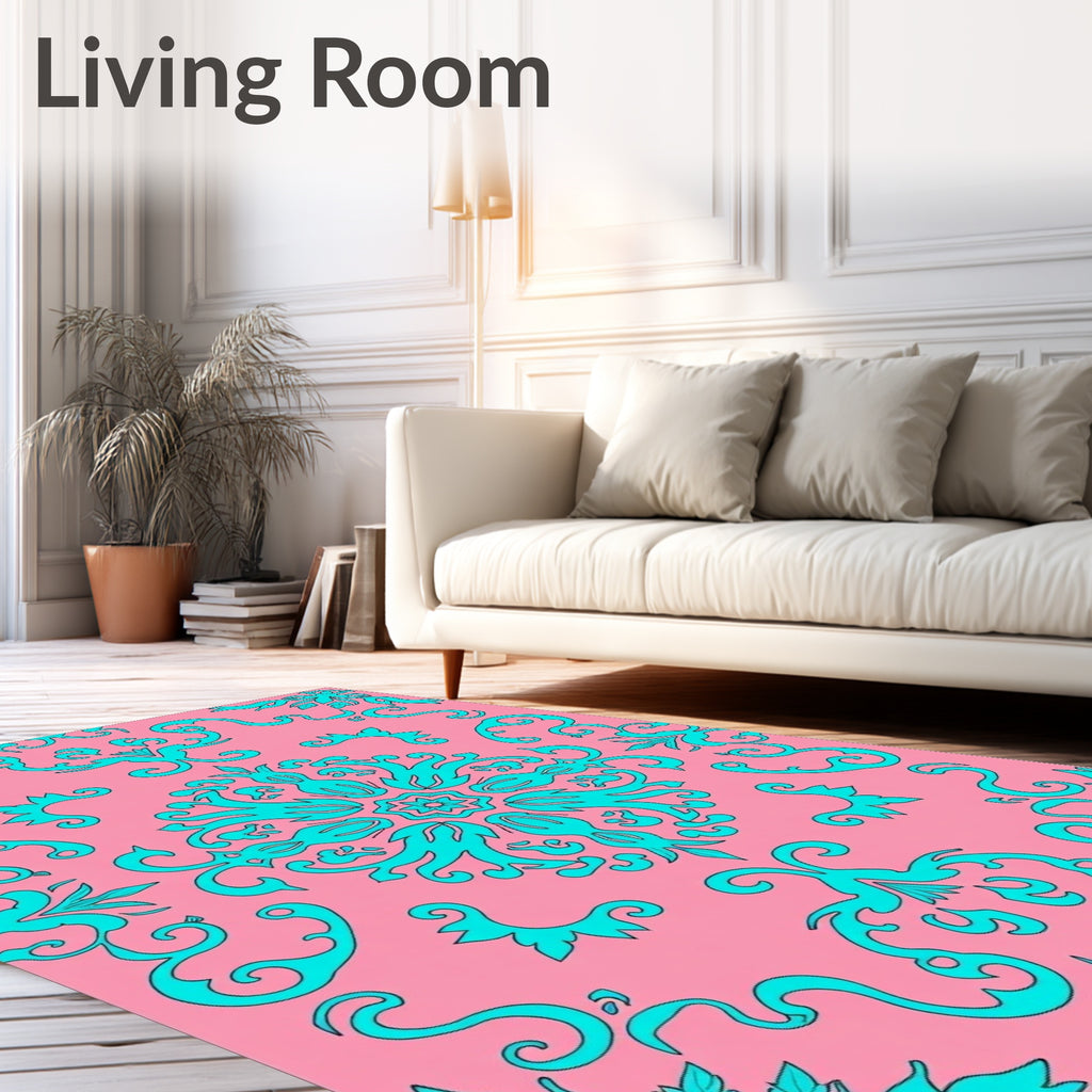 Pink Turquoise Floral Flourish Design Rug