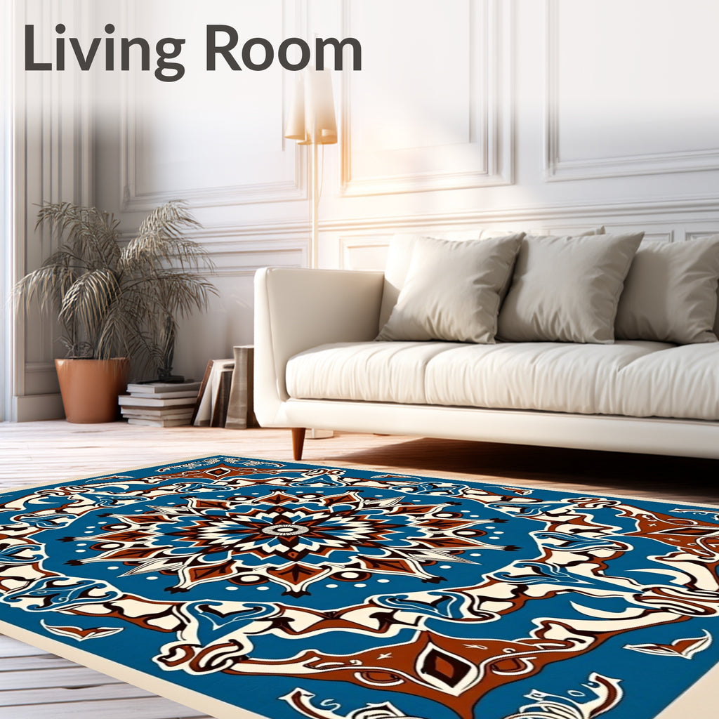Ornate Blue Brown Mandala Pattern Rug